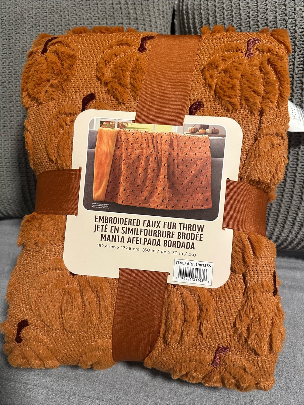 Embroidered Pumpkin Faux Fur Throw Blanket - Rust Orange